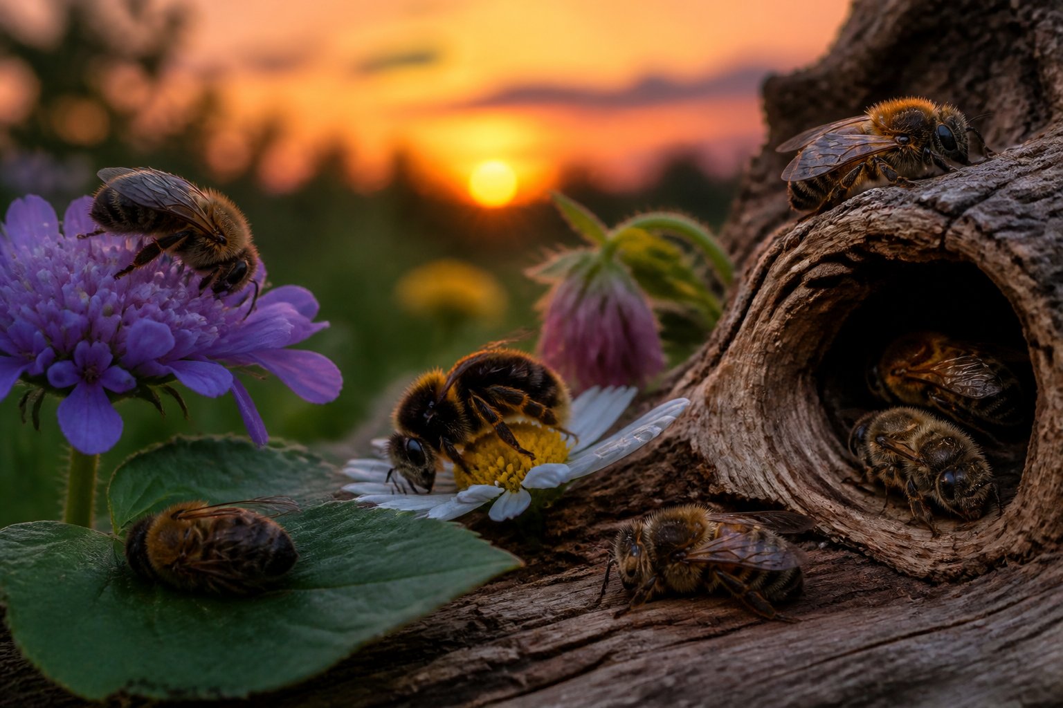 Bees resting on flowers, leaves, and branches outdoors at dusk preparing to sleep.