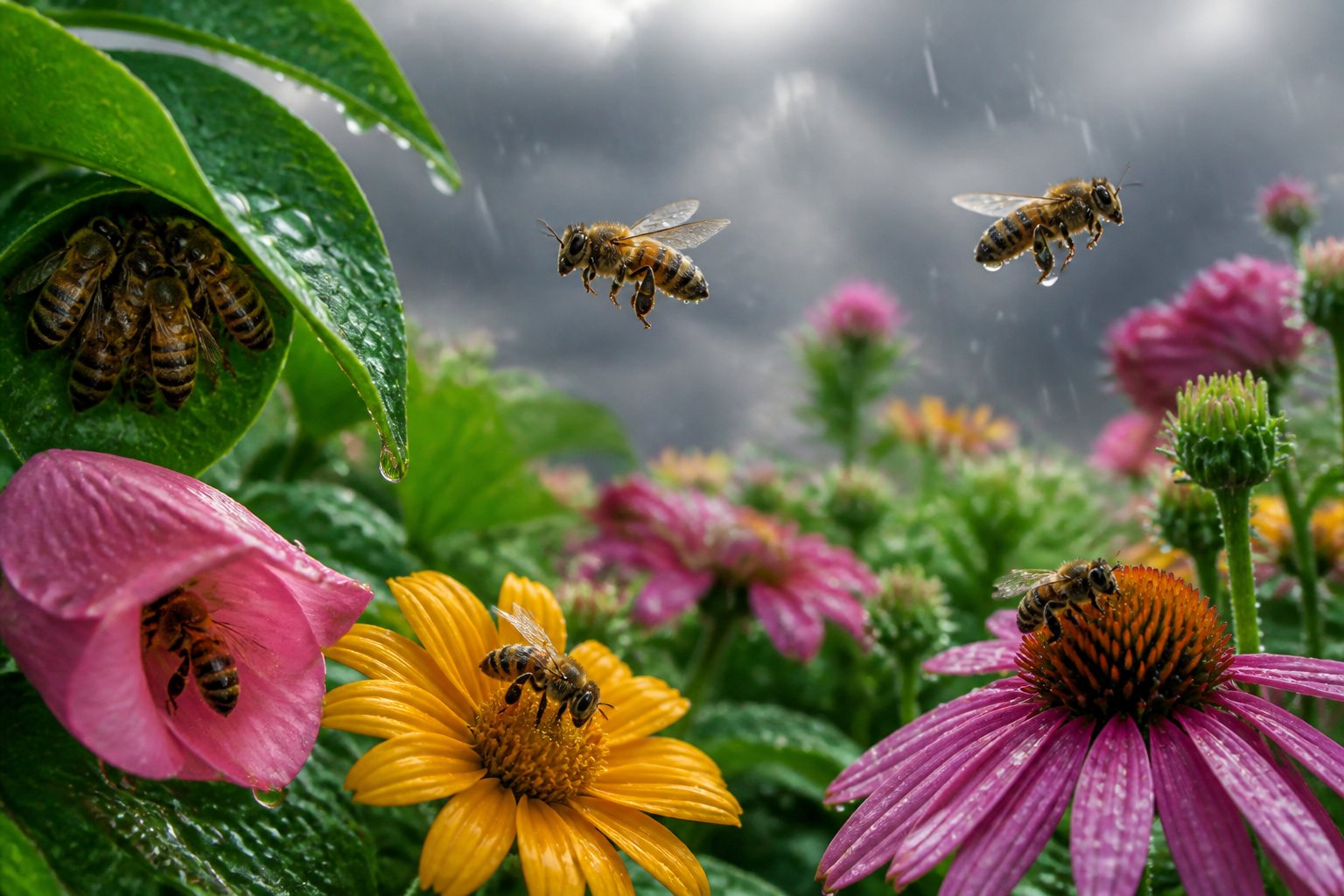 Close-up of bees flying and resting on flowers before, during, and after rain in a garden.