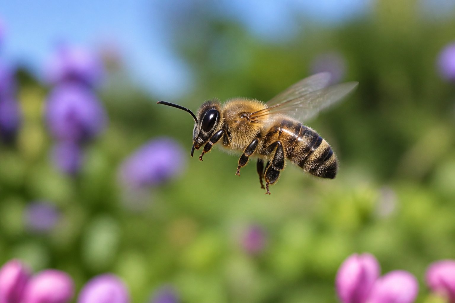 A close-up of a bee flying near flowers in a green garden.