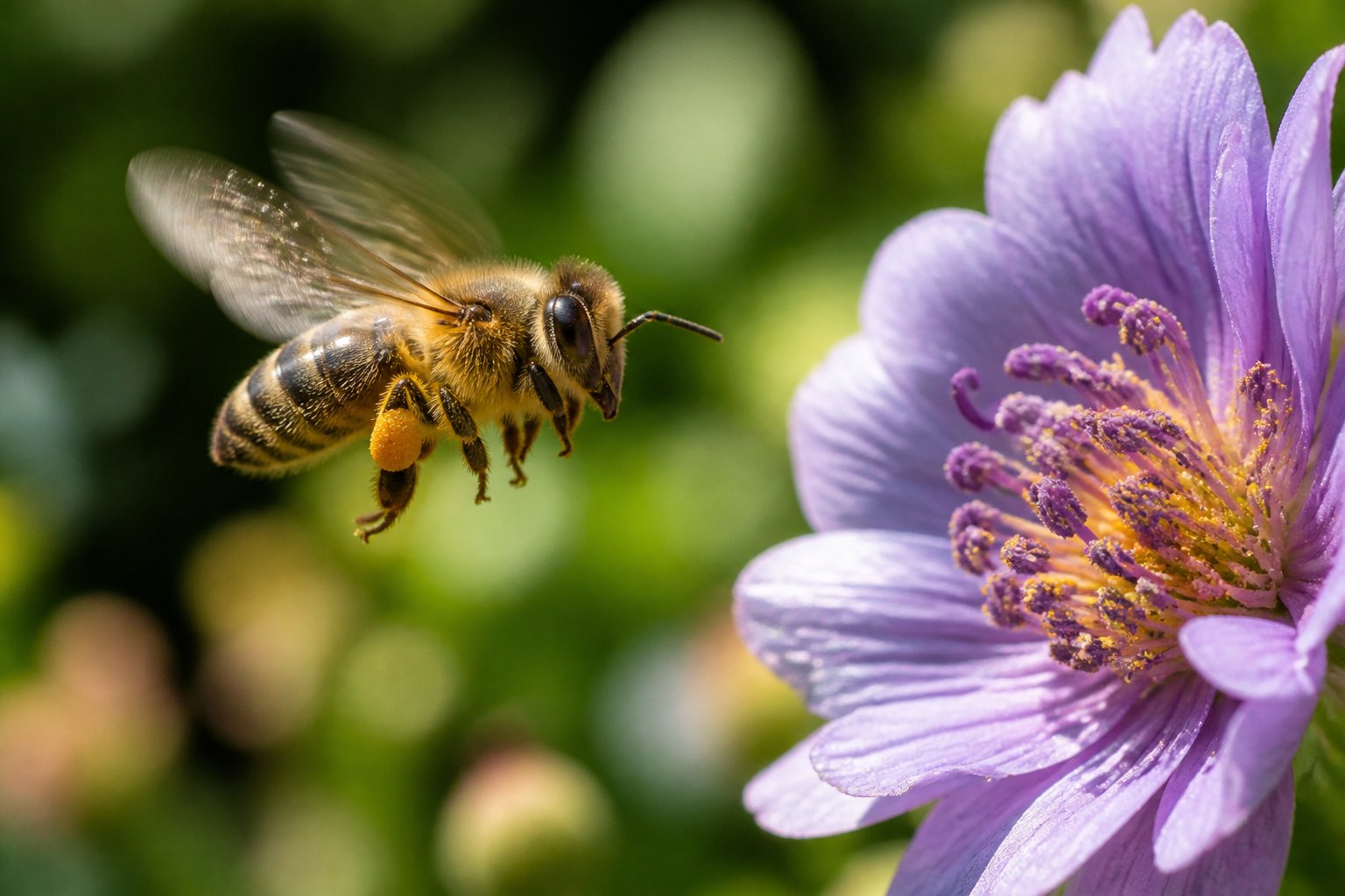 A bee flying near a colorful flower with green leaves in the background.