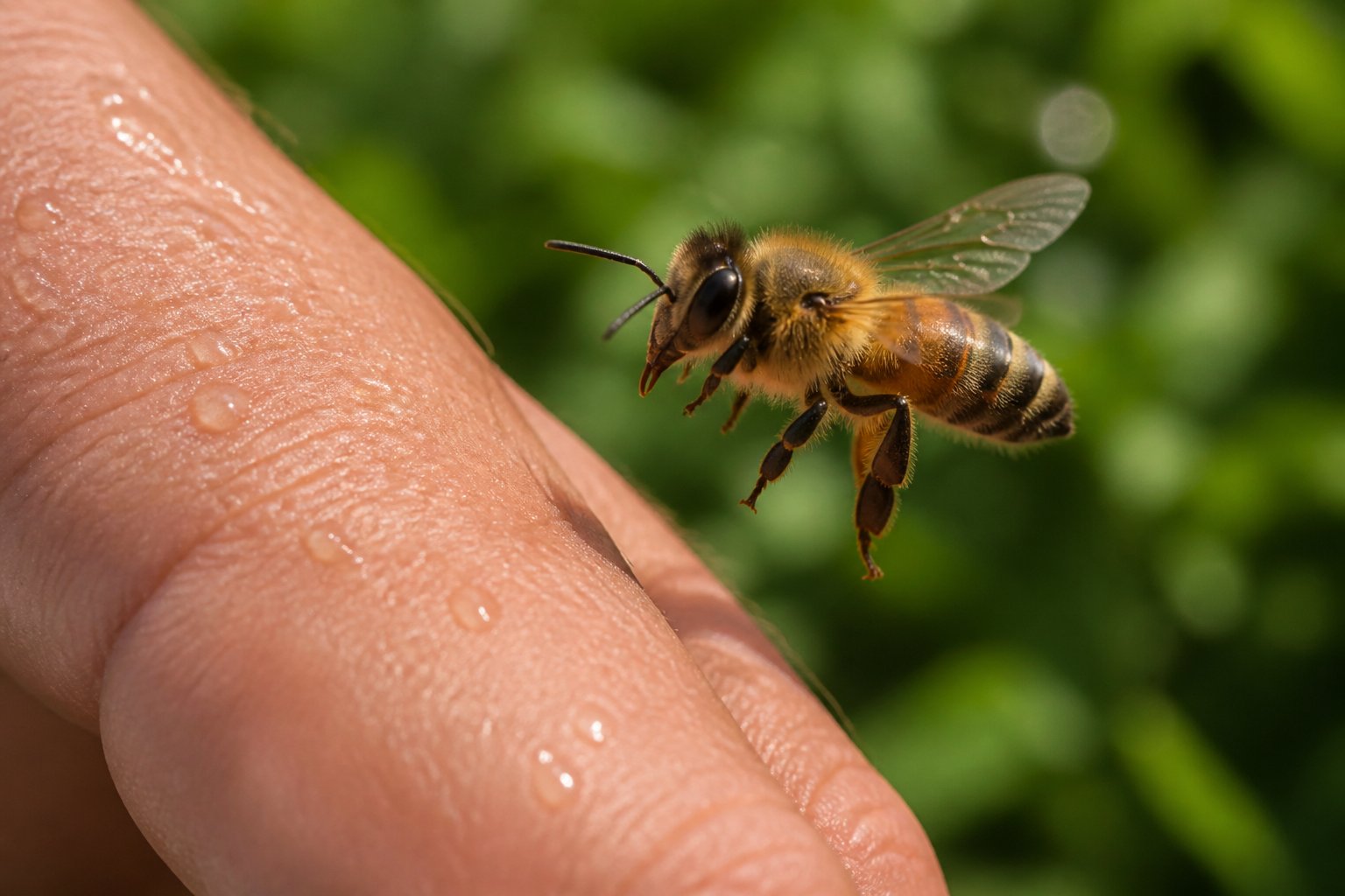 A honeybee hovering near a human hand with visible sweat droplets in an outdoor setting.