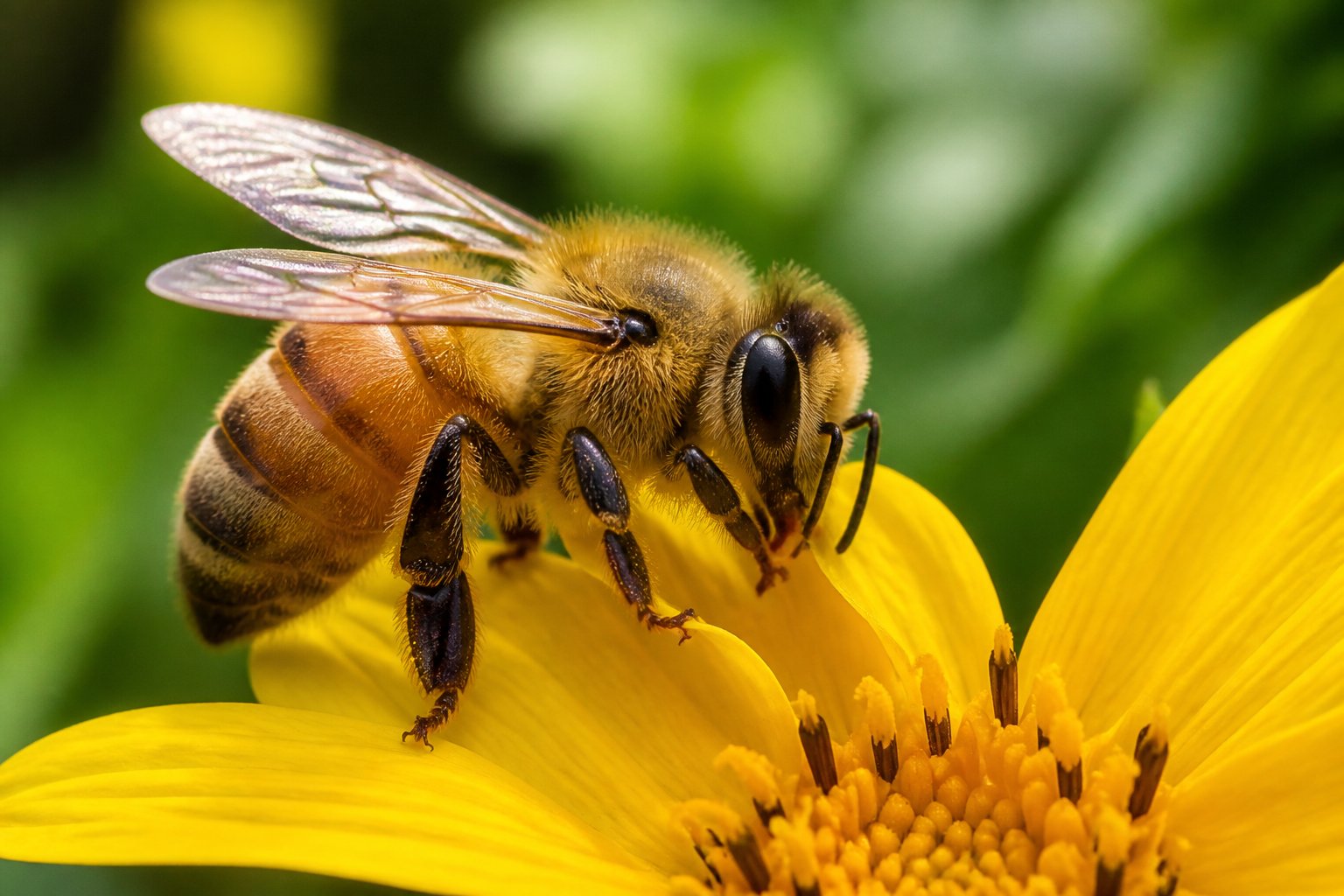 Close-up of a honeybee on a yellow flower with its mandibles visible, surrounded by green foliage.