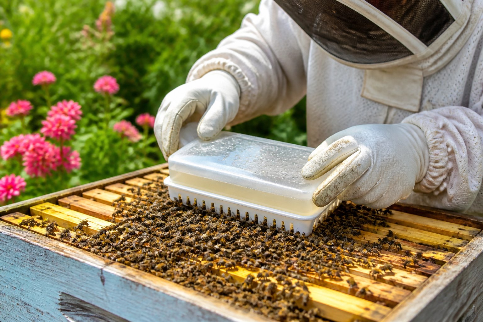 A beekeeper in protective clothing feeding honeybees sugar water inside a beehive surrounded by flowers.