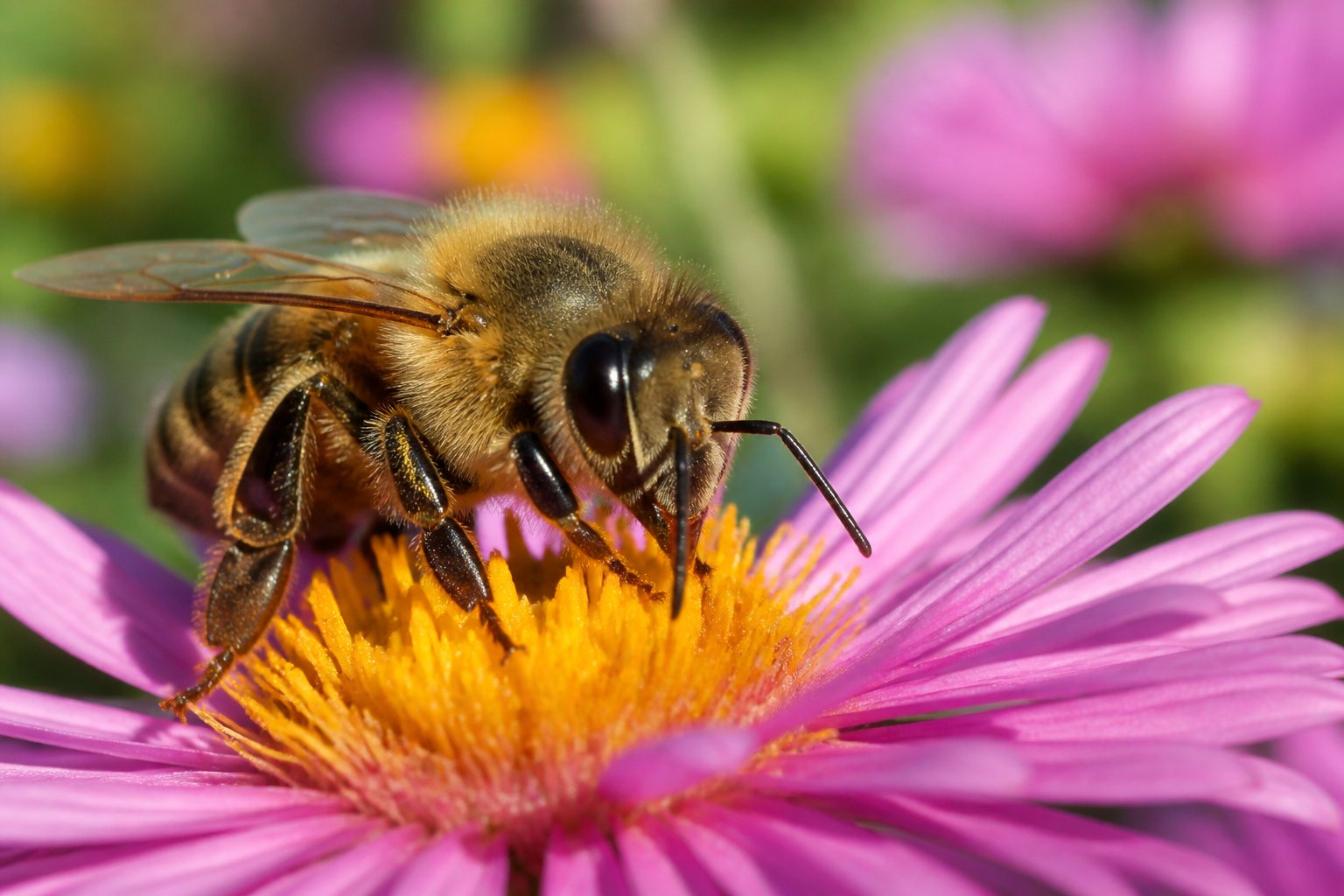 Close-up of a honeybee on a flower with focus on its head and antennae against a blurred natural background.