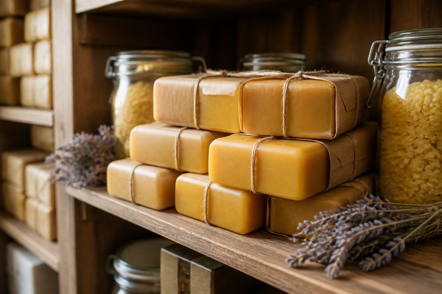 Neatly stacked beeswax blocks and jars arranged on wooden shelves in a storage room.