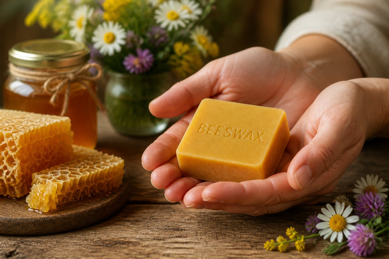 Hands holding a block of beeswax on a wooden table surrounded by honeycomb, honey jar, and flowers.