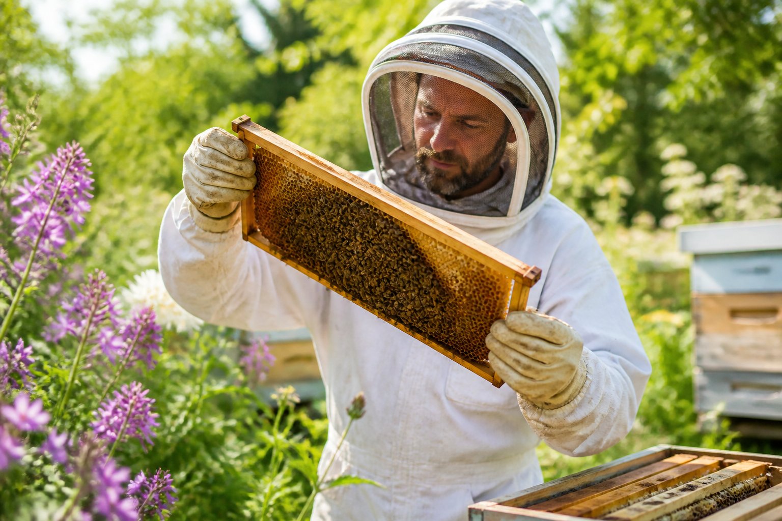 A beekeeper in protective gear carefully inspecting a honeycomb frame covered with bees in a green outdoor environment with flowering plants.