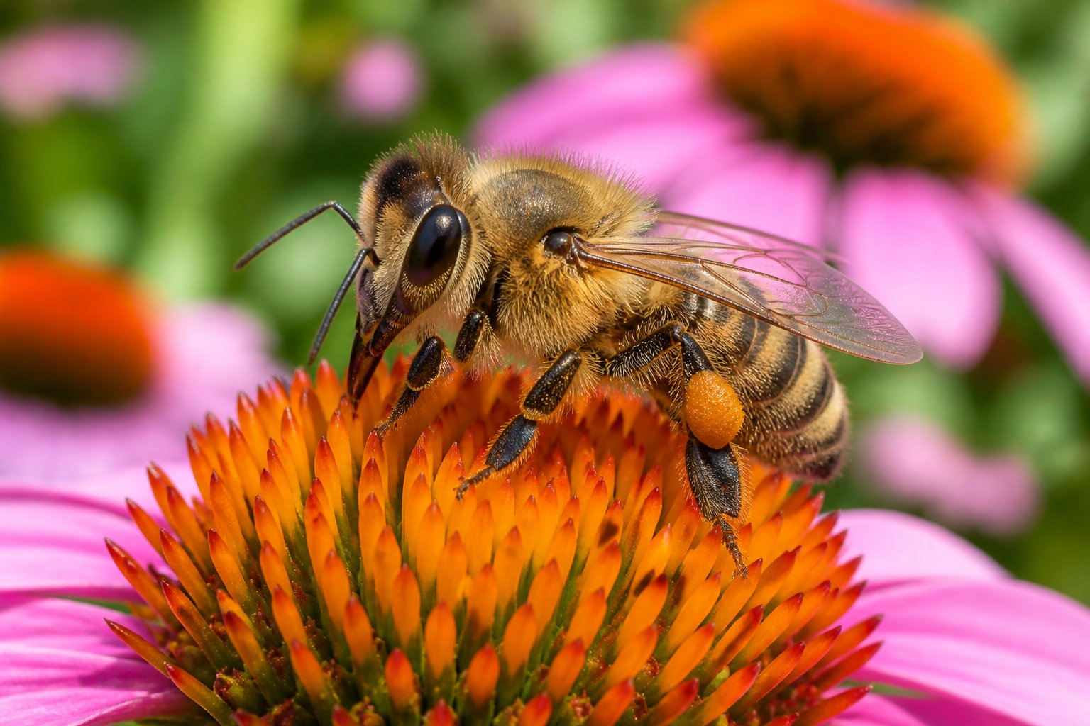 A honeybee collecting nectar from a colorful flower with green foliage in the background.