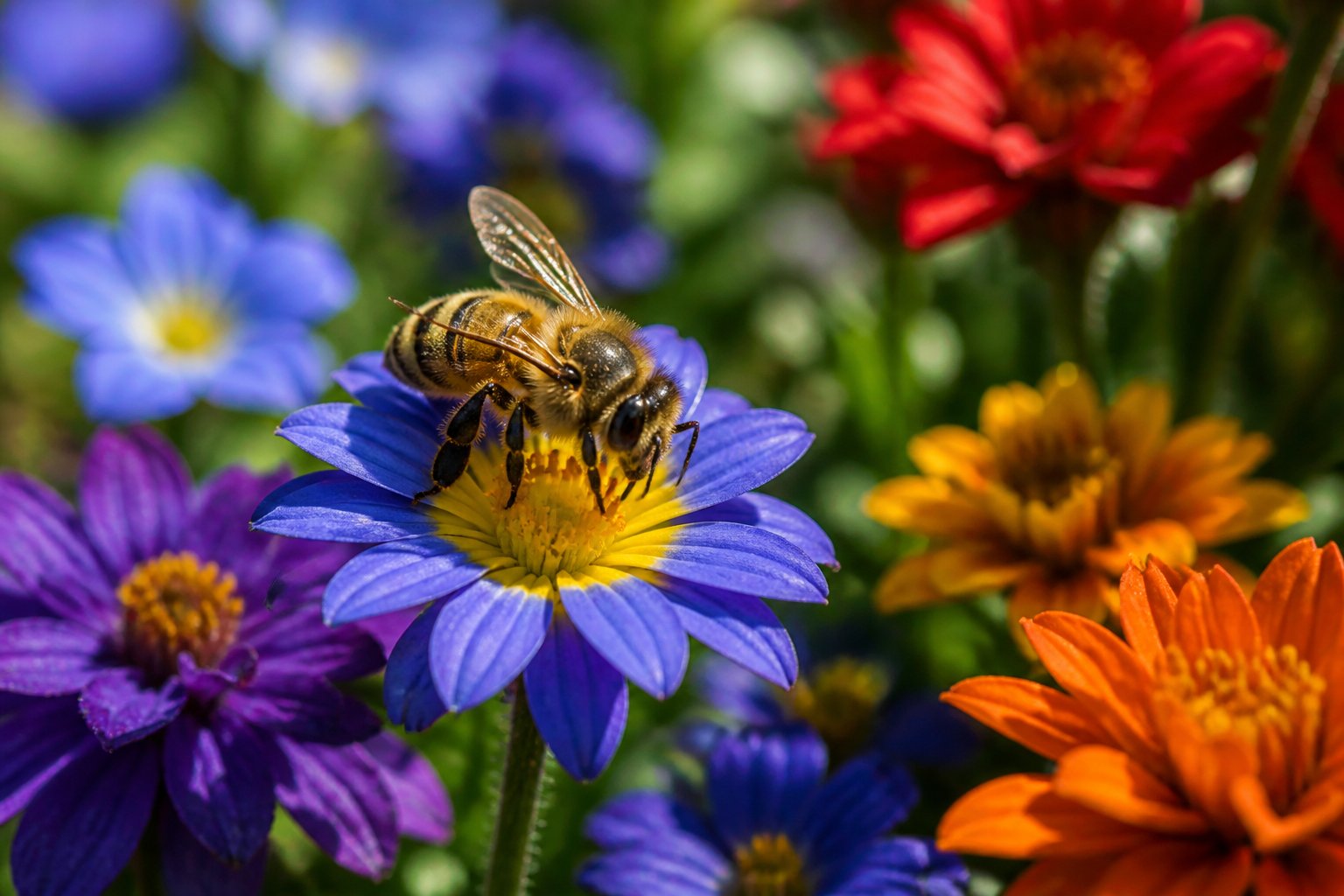 A honeybee on a colorful flower surrounded by various flowers in different colors in a garden setting.