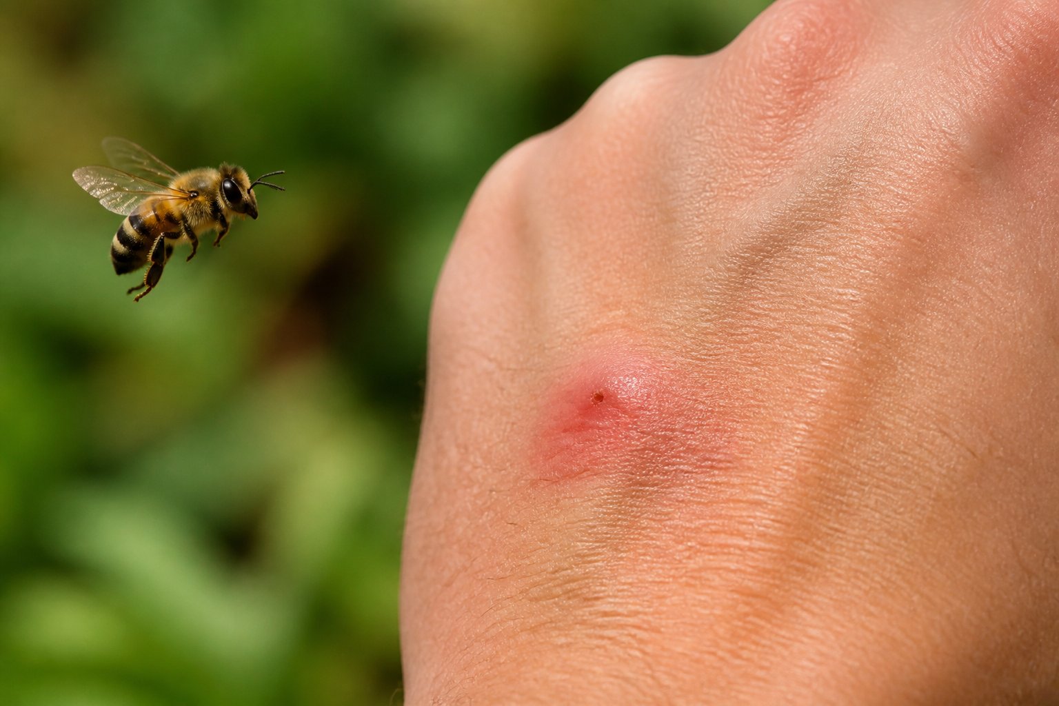 Close-up of a hand with a fresh bee sting showing redness and swelling, with a honeybee flying nearby against a blurred green background.