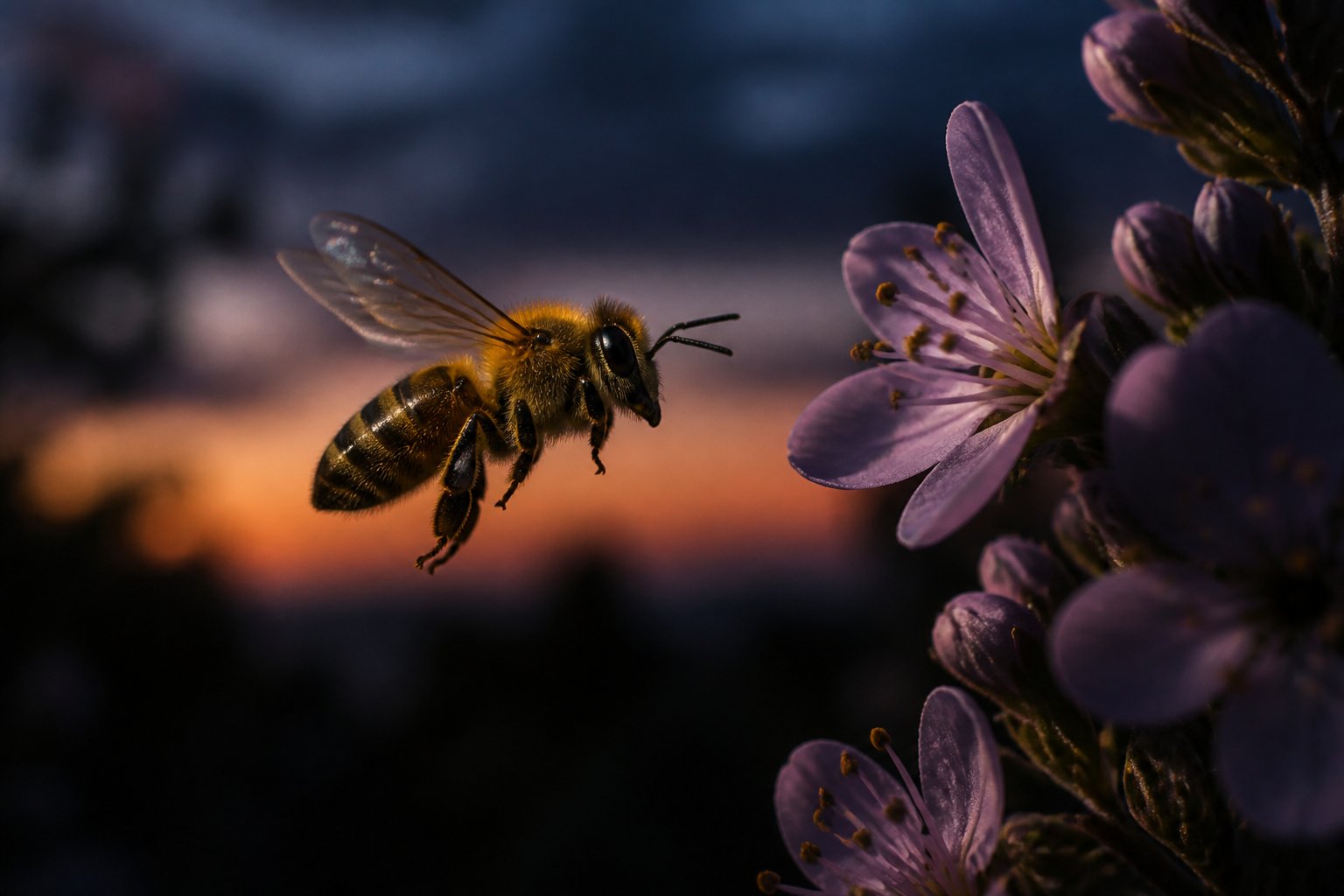 A honeybee flying near flowers in low light conditions during dusk or dawn.