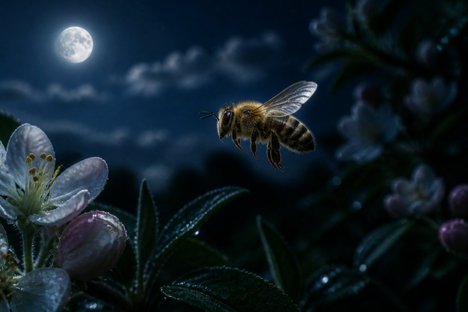 A close-up of a bee flying at night over flowers in a dark garden.