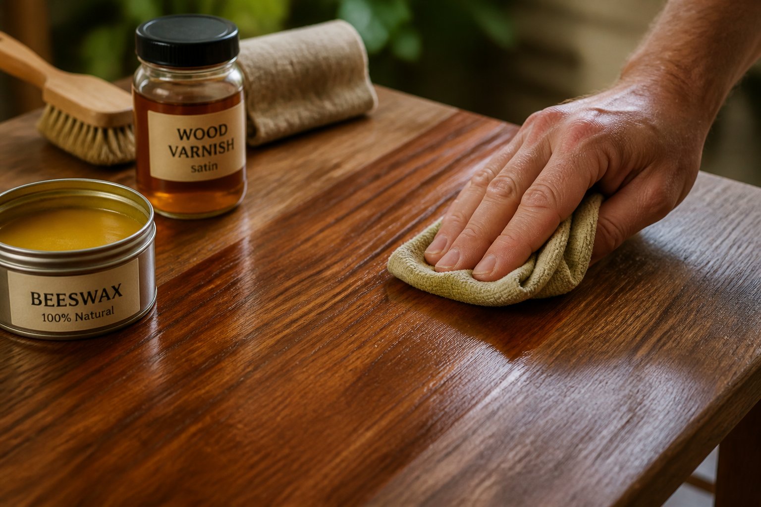 A hand applying beeswax polish with a cloth over a varnished wooden surface, with containers of beeswax and varnish nearby.
