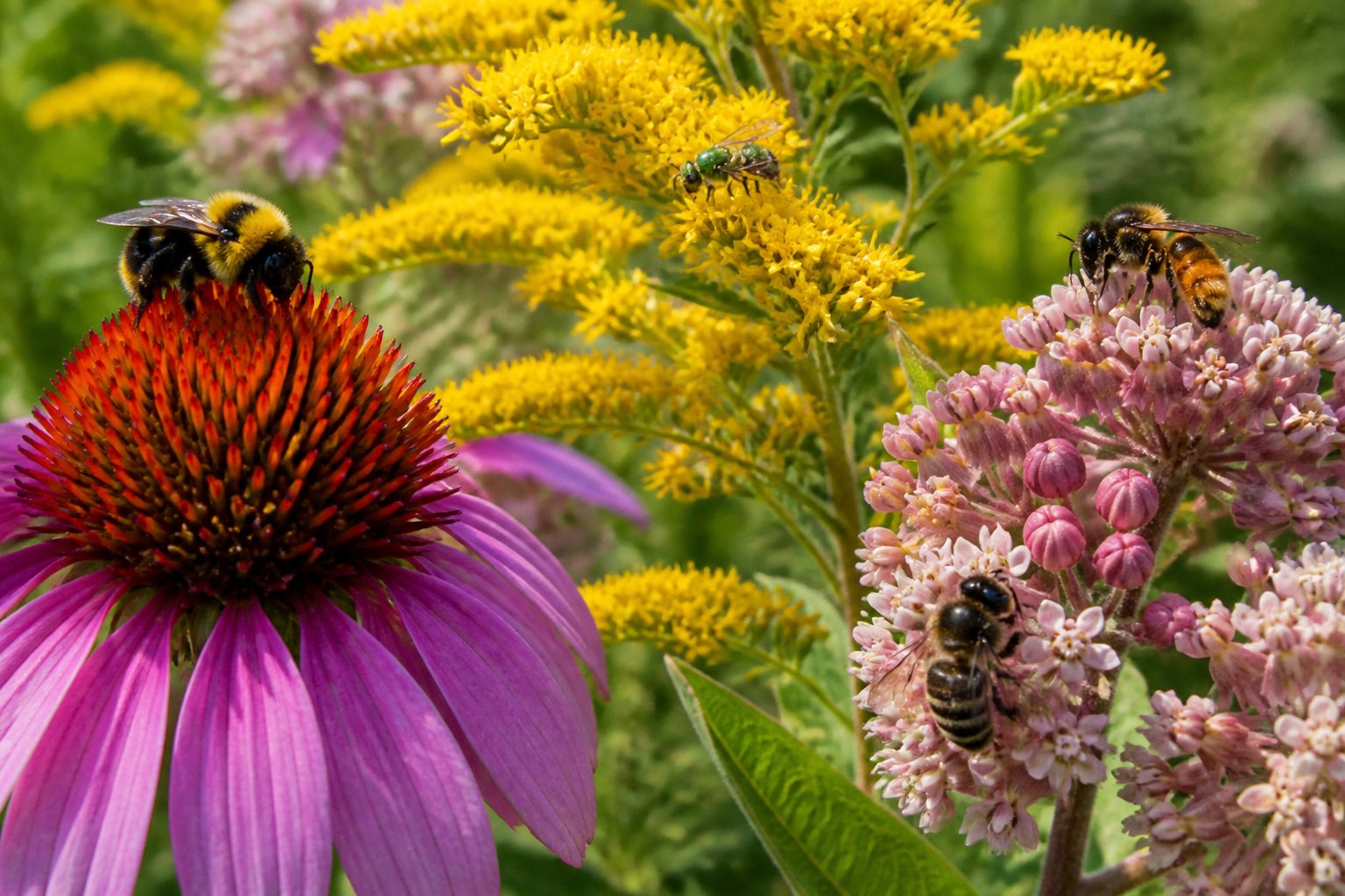 Close-up of various native North American bees pollinating wildflowers in a sunlit meadow.