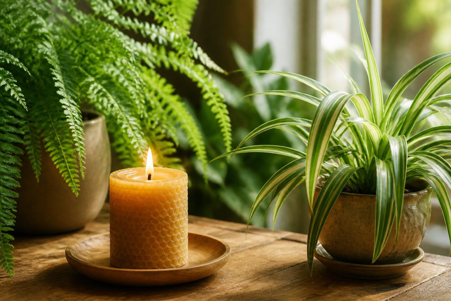 A lit beeswax candle on a wooden table surrounded by green houseplants near a sunlit window.