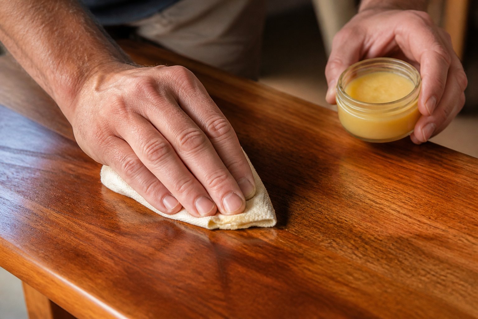 Hands applying beeswax polish onto a wooden surface treated with Danish oil.