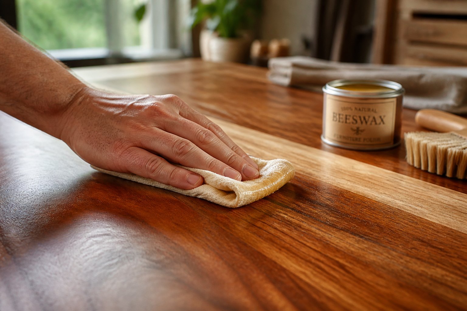 A hand applying beeswax with a cloth onto a wooden surface treated with Danish oil.
