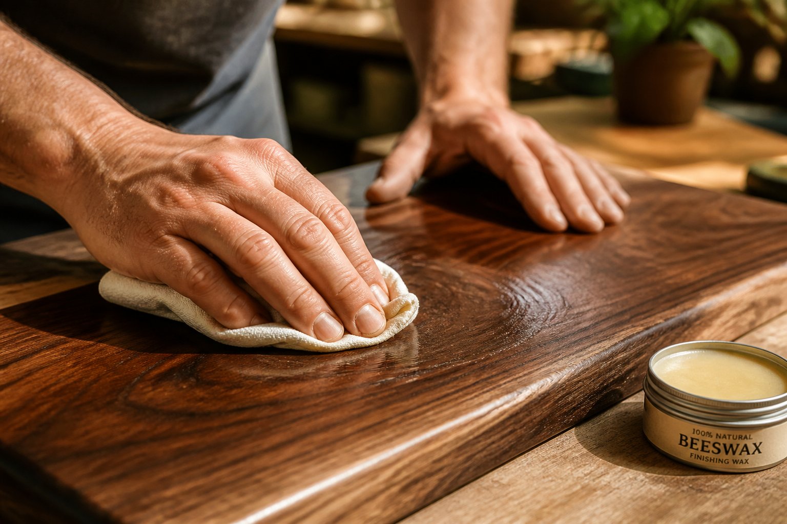 Hands applying beeswax or paste wax with a cloth onto a wooden surface treated with Danish oil.