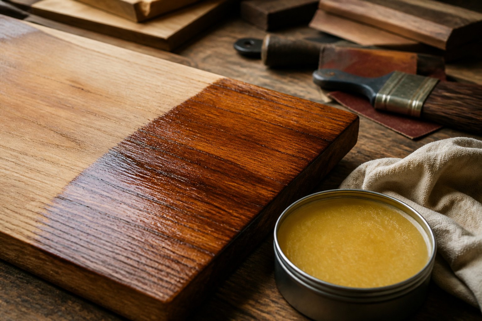 Close-up of a wooden surface with Danish oil finish next to an open container of beeswax and a cloth on a wooden table, with woodworking tools blurred in the background.