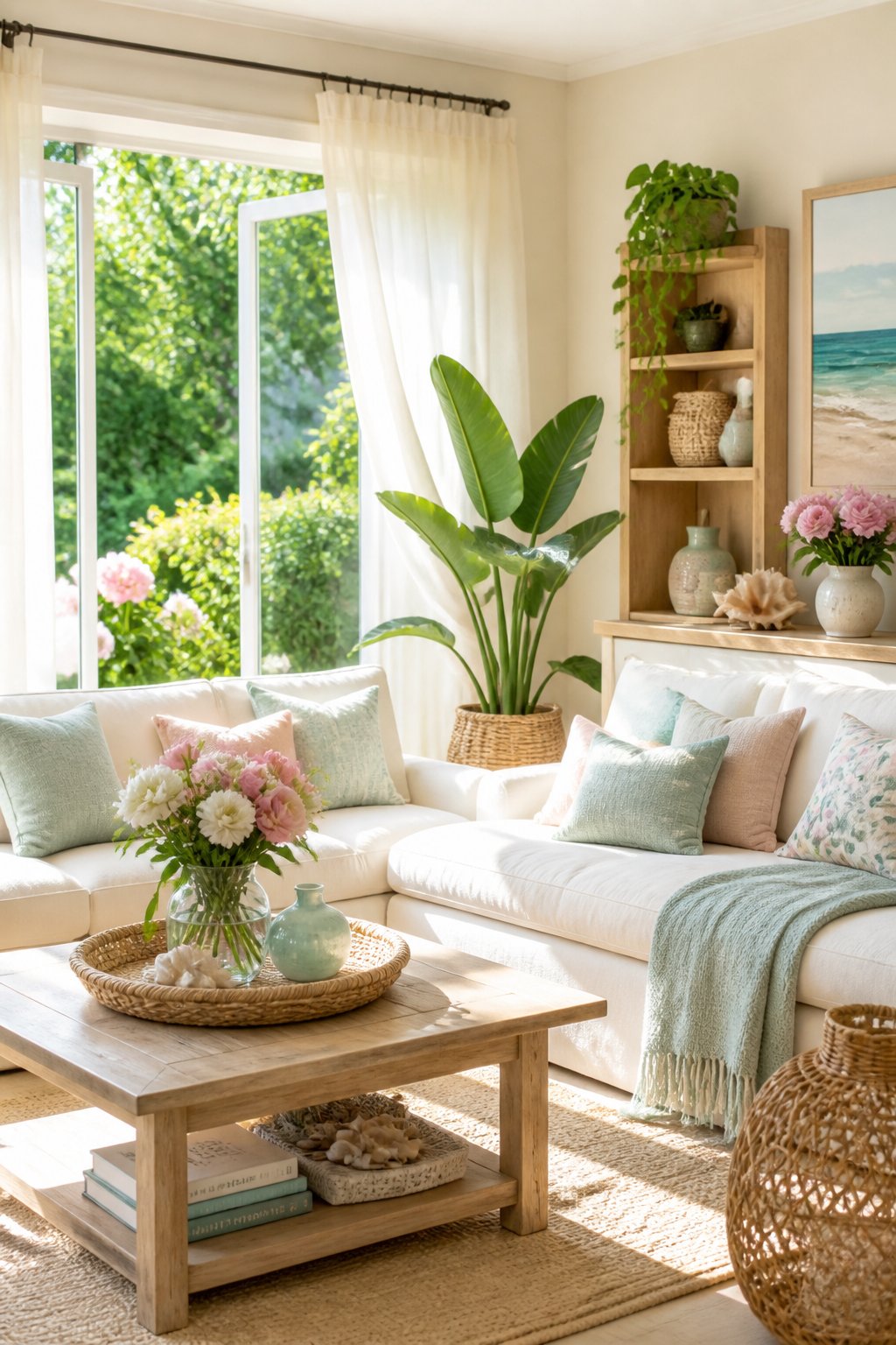 A sunlit living room with plants, pastel cushions, and natural decor elements creating a fresh summer atmosphere.