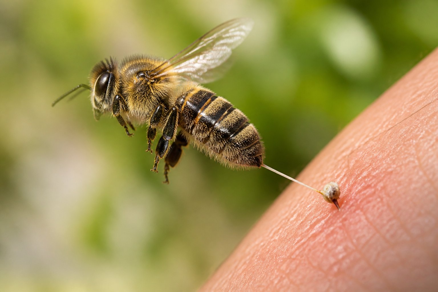 Close-up of a honeybee with its stinger embedded in a surface, showing the bee in mid-air against a blurred natural background.