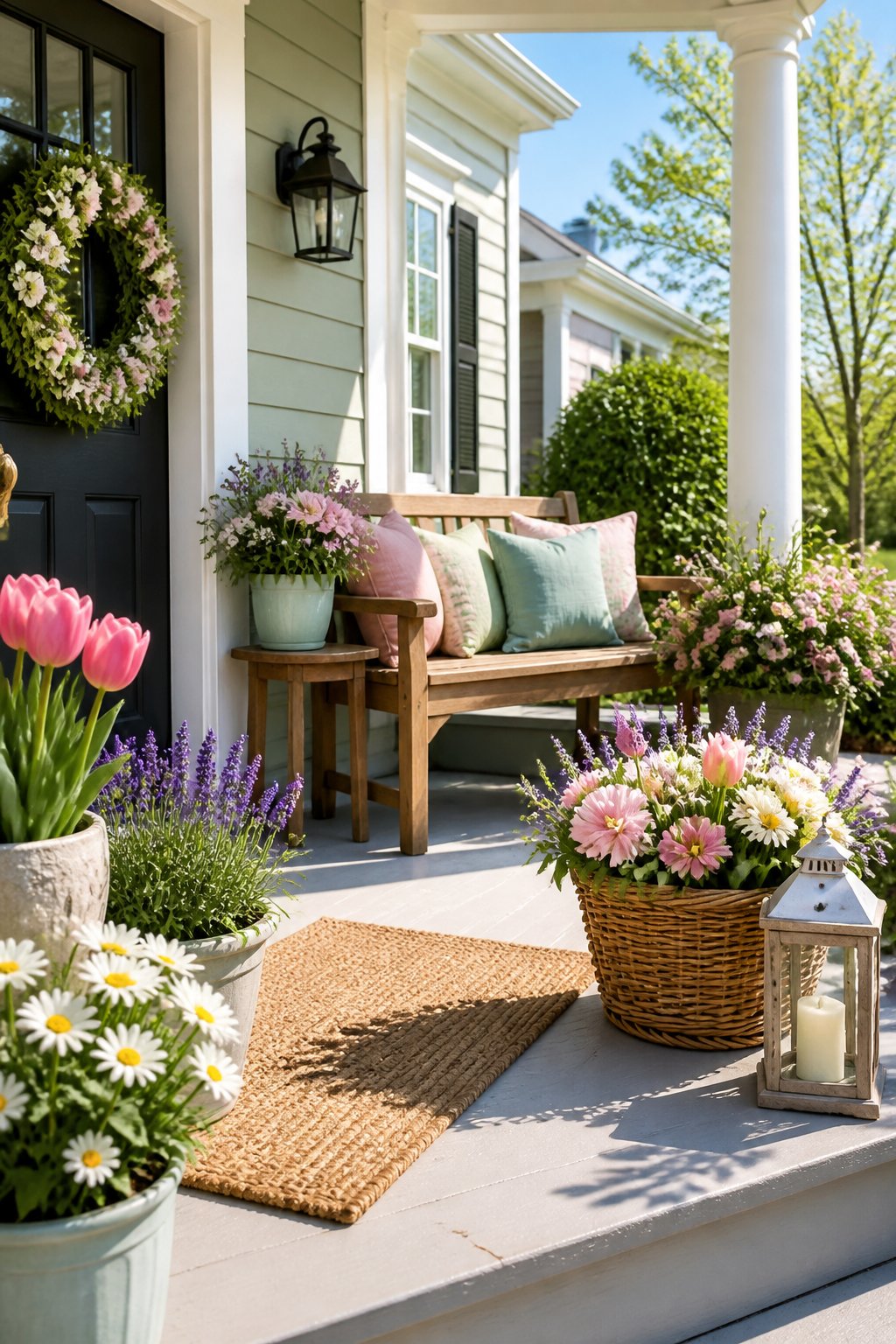 A front porch decorated with colorful cushions, blooming flowers in pots, a woven basket of flowers, and a rustic lantern on a sunny spring day.