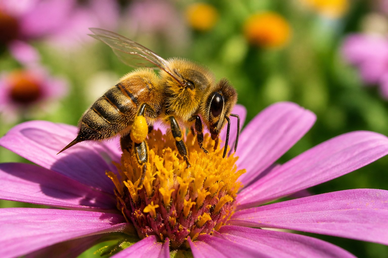A close-up of a honeybee on a colorful flower in a sunny garden.