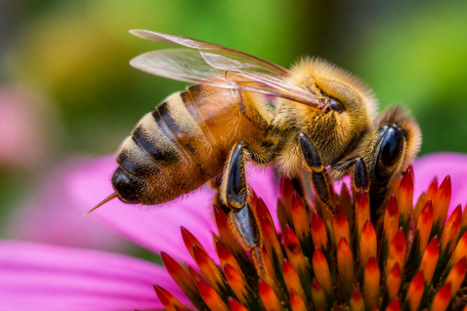 Close-up of a honeybee on a flower showing its stinger with a blurred natural background.