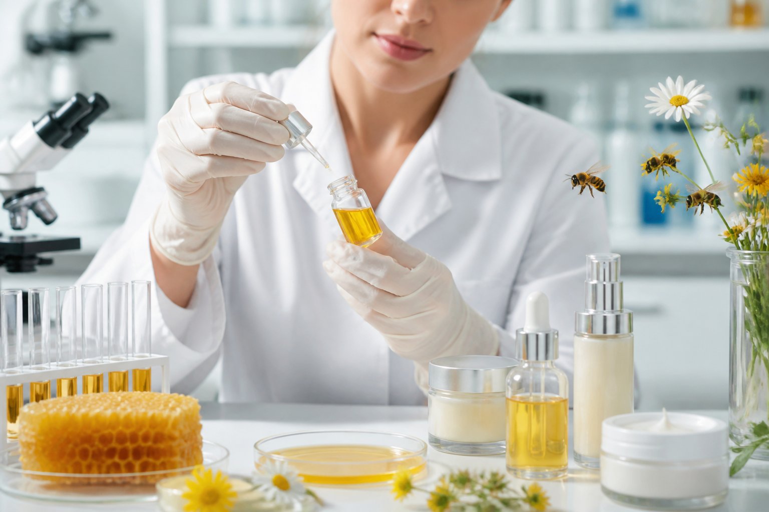 A scientist in a lab coat handling a vial of bee venom with skincare products and natural bee-related elements in the background.