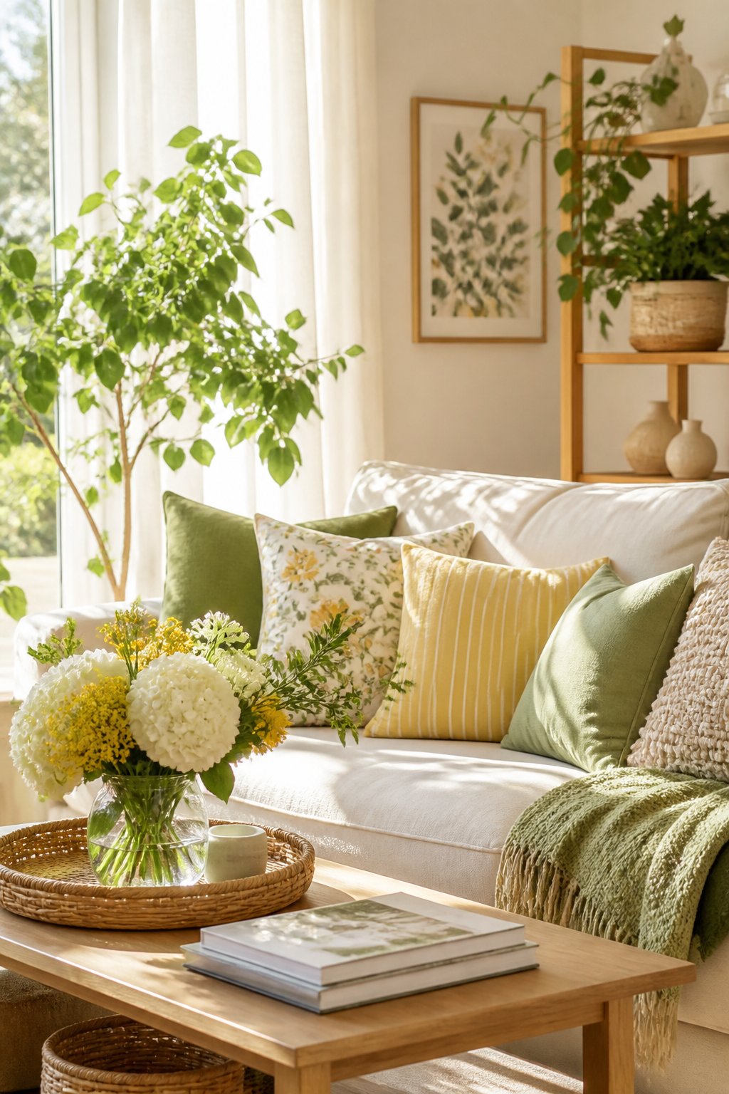 A bright living room decorated with green plants, light wood furniture, and soft cushions, illuminated by sunlight through sheer curtains.