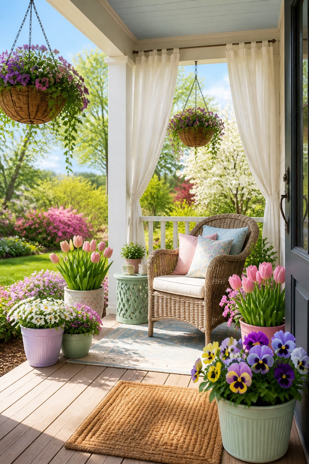 A front porch decorated with colorful spring flowers, wicker chair with cushions, and a small side table under natural sunlight.