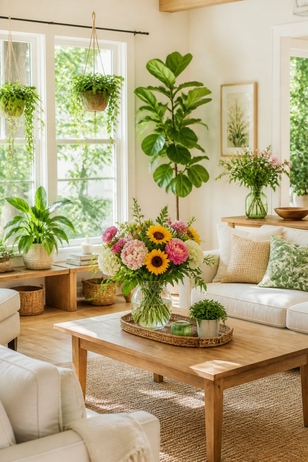 A bright living room with large windows, decorated with colorful flowers and green plants placed around the space.