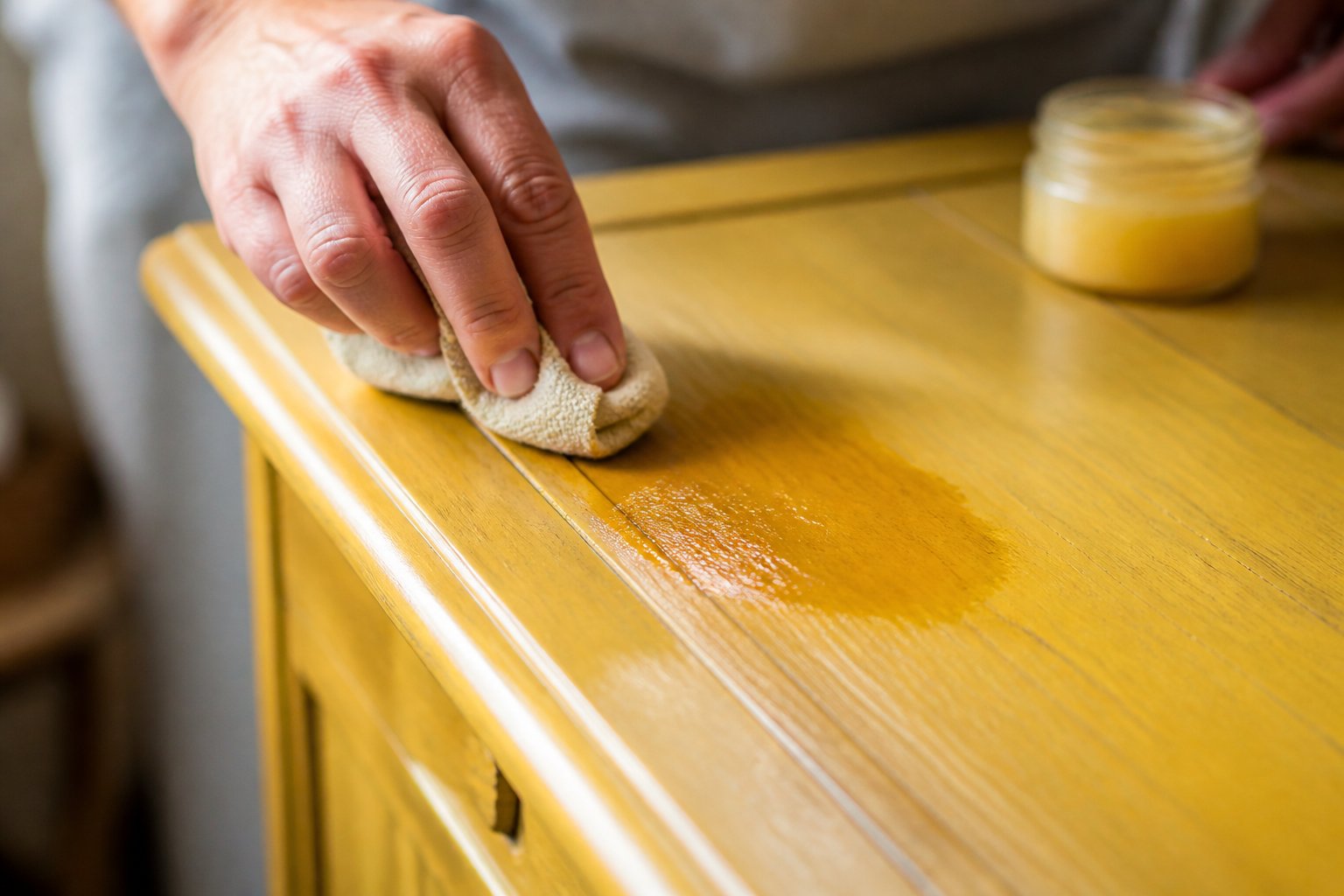 Hands applying beeswax with a cloth over a painted wooden surface.