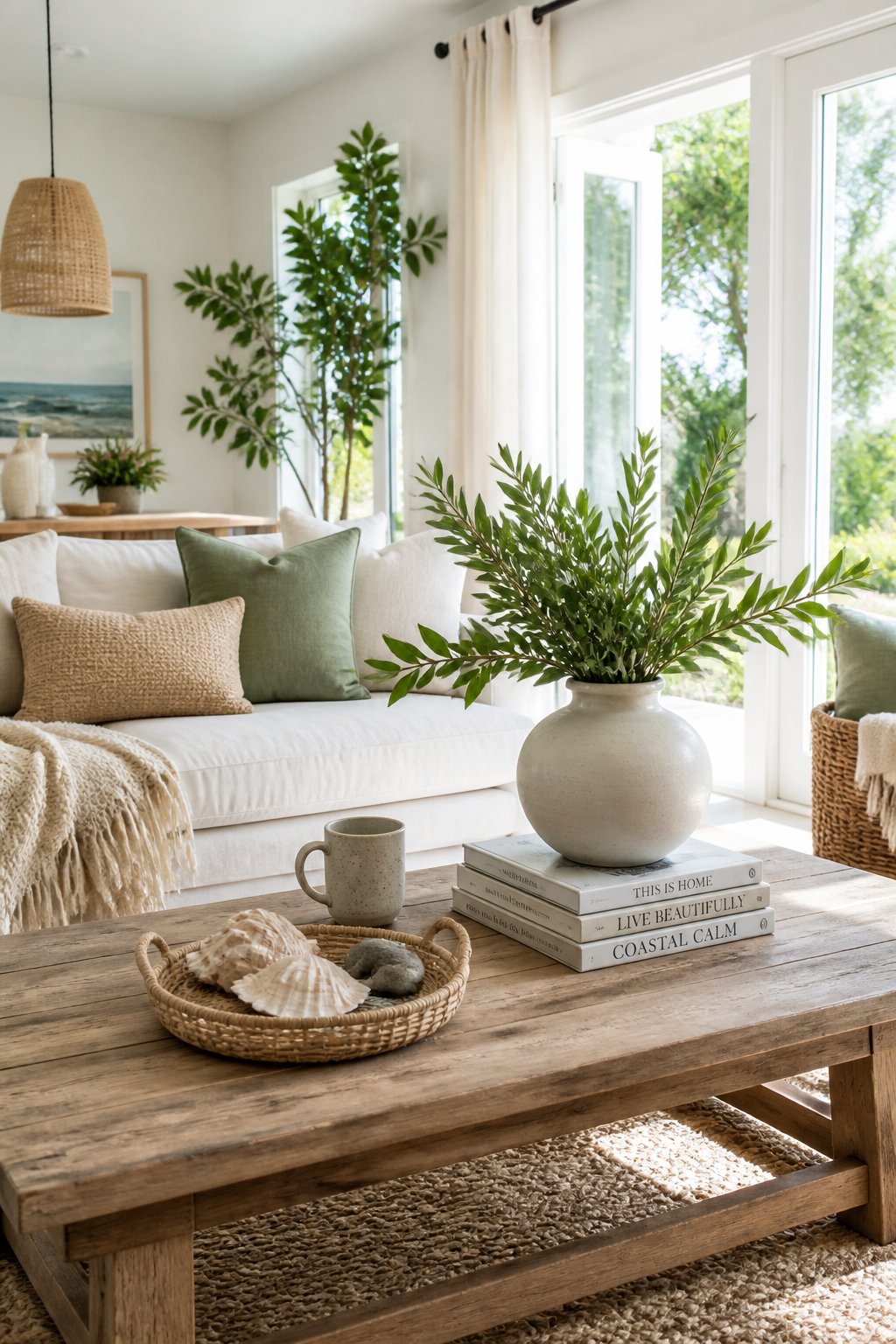 Living room with a sofa and a wooden coffee table styled with a vase of green plants, books, and a coffee cup, illuminated by natural sunlight.
