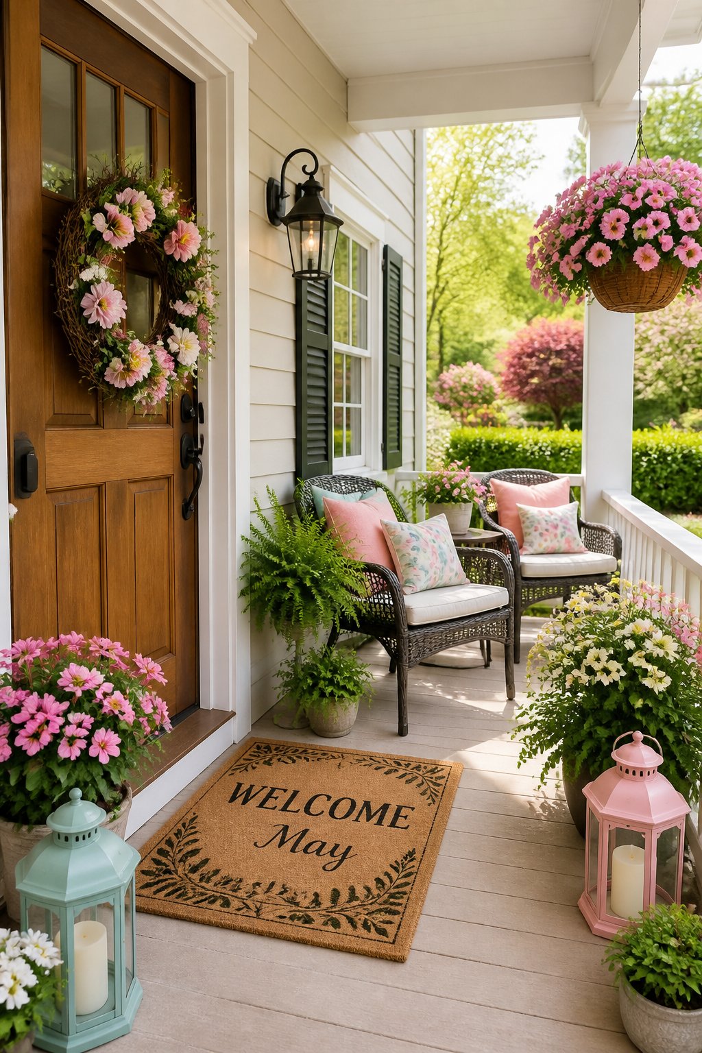 A bright front porch decorated with flowers, plants, and comfortable seating, showing a welcoming entryway surrounded by greenery.