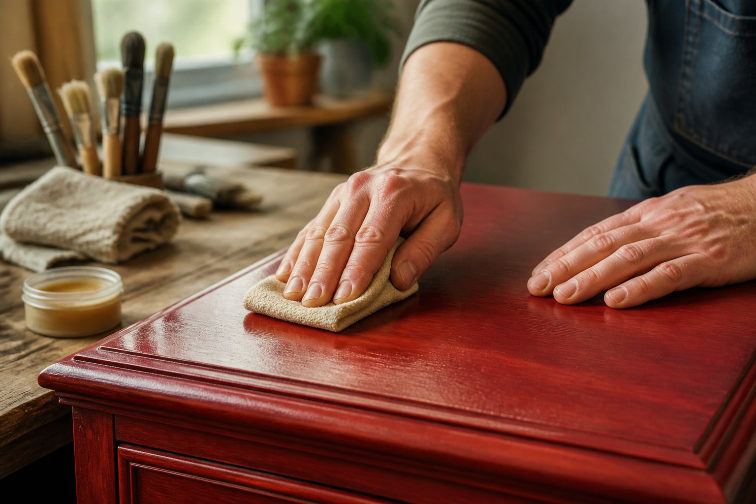 Close-up of hands applying beeswax polish to a freshly painted wooden surface in a well-lit workshop.