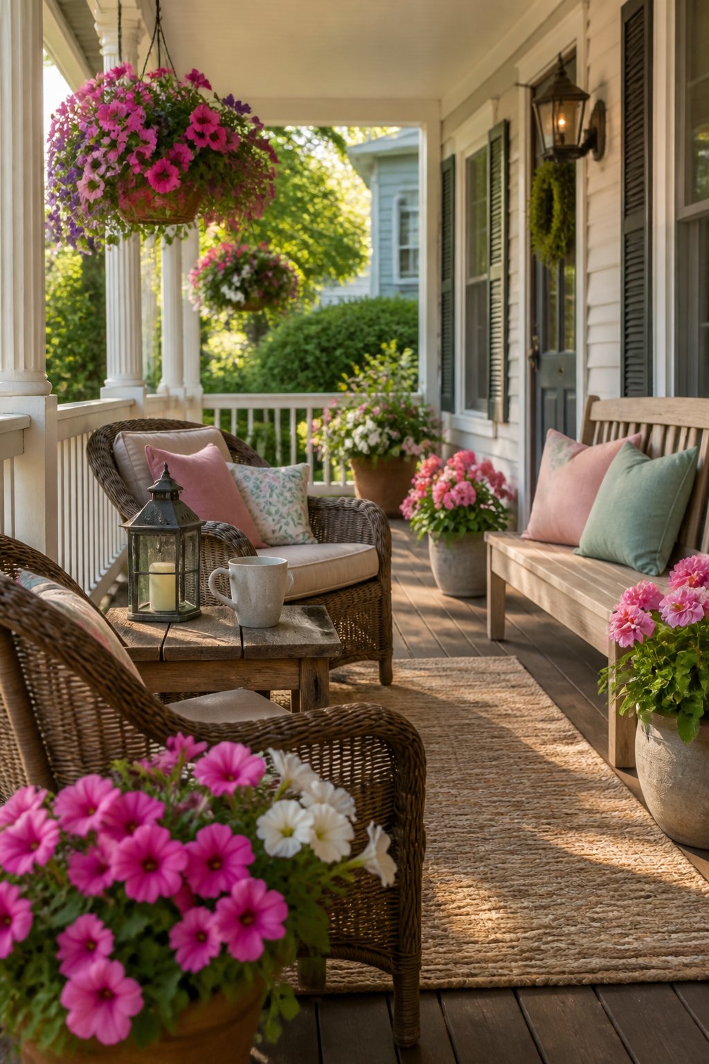 A front porch with wicker chairs, cushions, flowering plants, and a small wooden table in natural daylight.