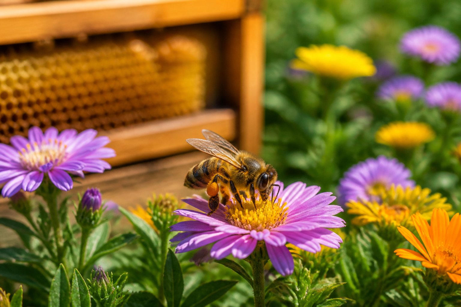 A close-up of a honeybee collecting nectar from a flower with a honeycomb visible in the background.