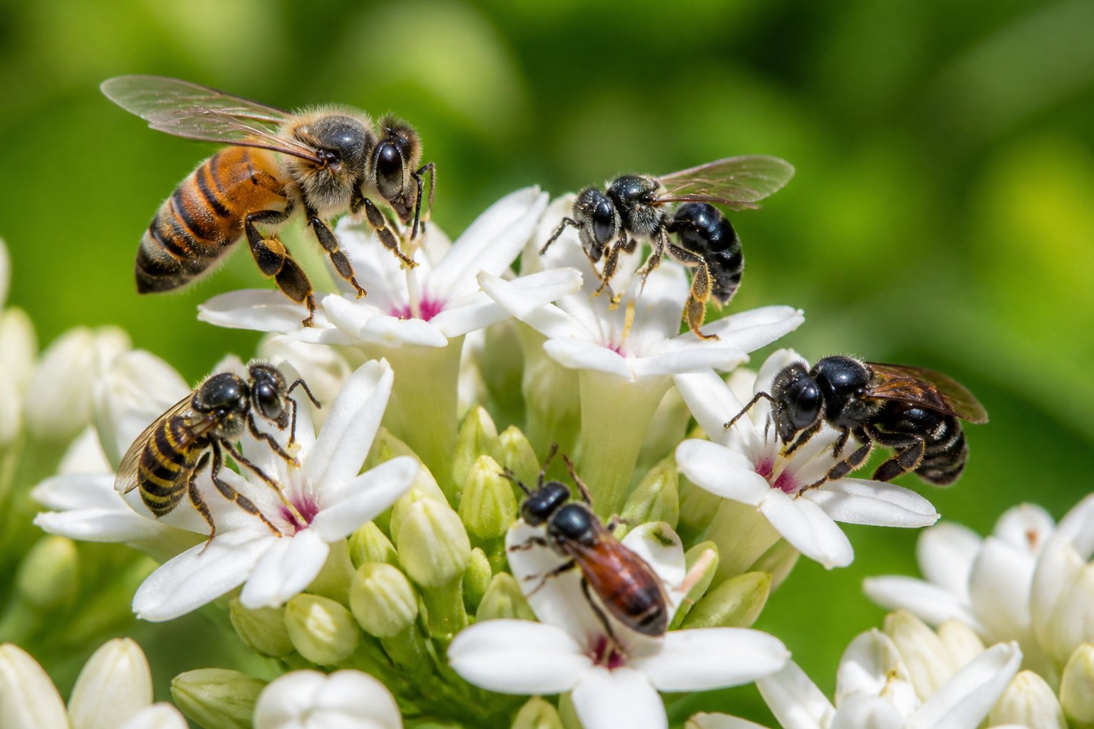 Close-up of several bees on flowers in a natural outdoor setting, showing different types of bees including stingless ones.