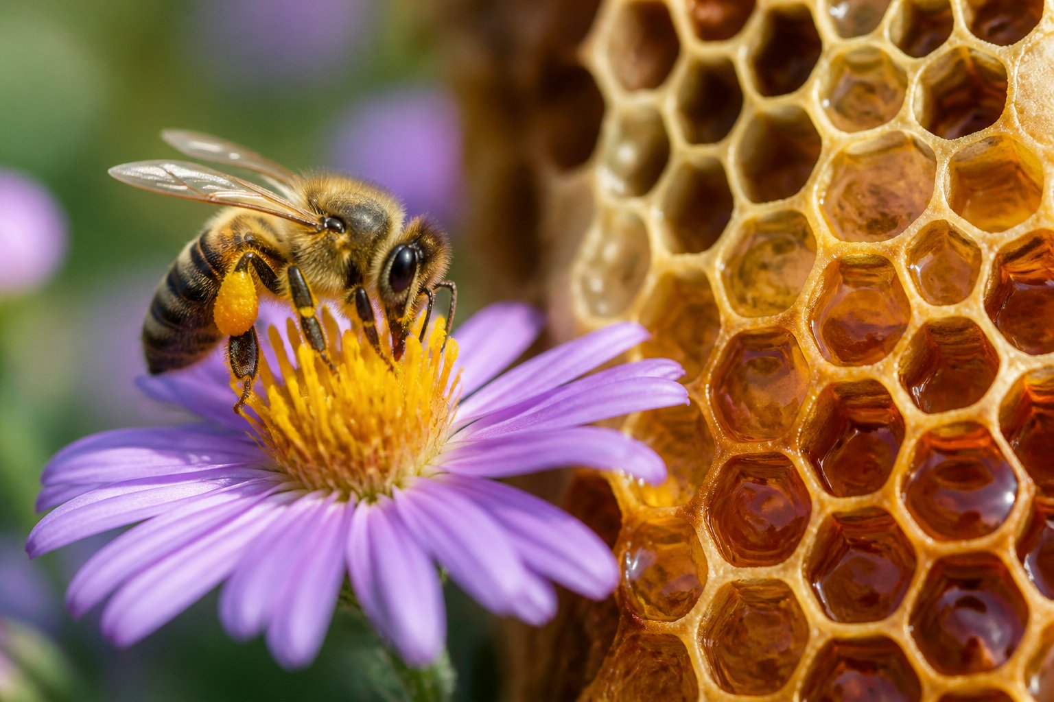 A honeybee collecting nectar from a flower near a honeycomb filled with honey inside a beehive.