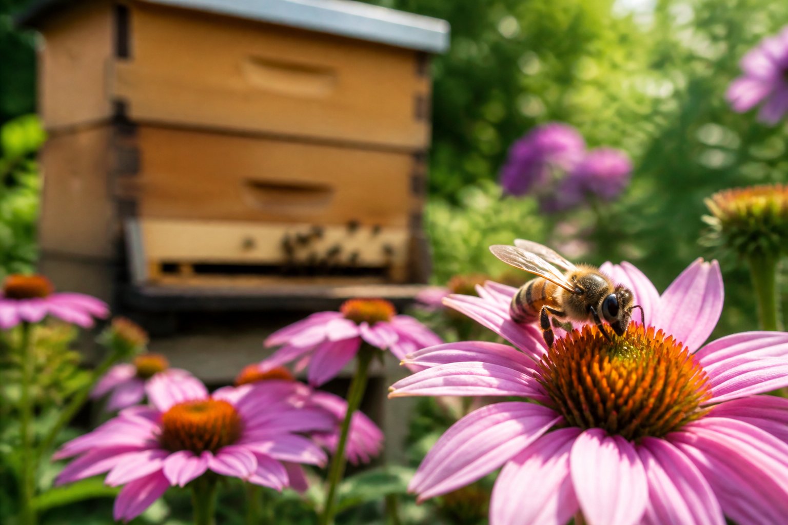 A honeybee collecting nectar from colorful flowers with a wooden beehive visible in the background.