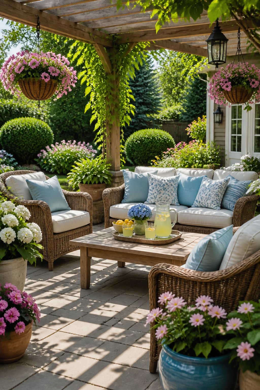 Outdoor patio with wicker chairs, cushions, plants, flowers, and a wooden table with lemonade under a pergola in a garden setting.