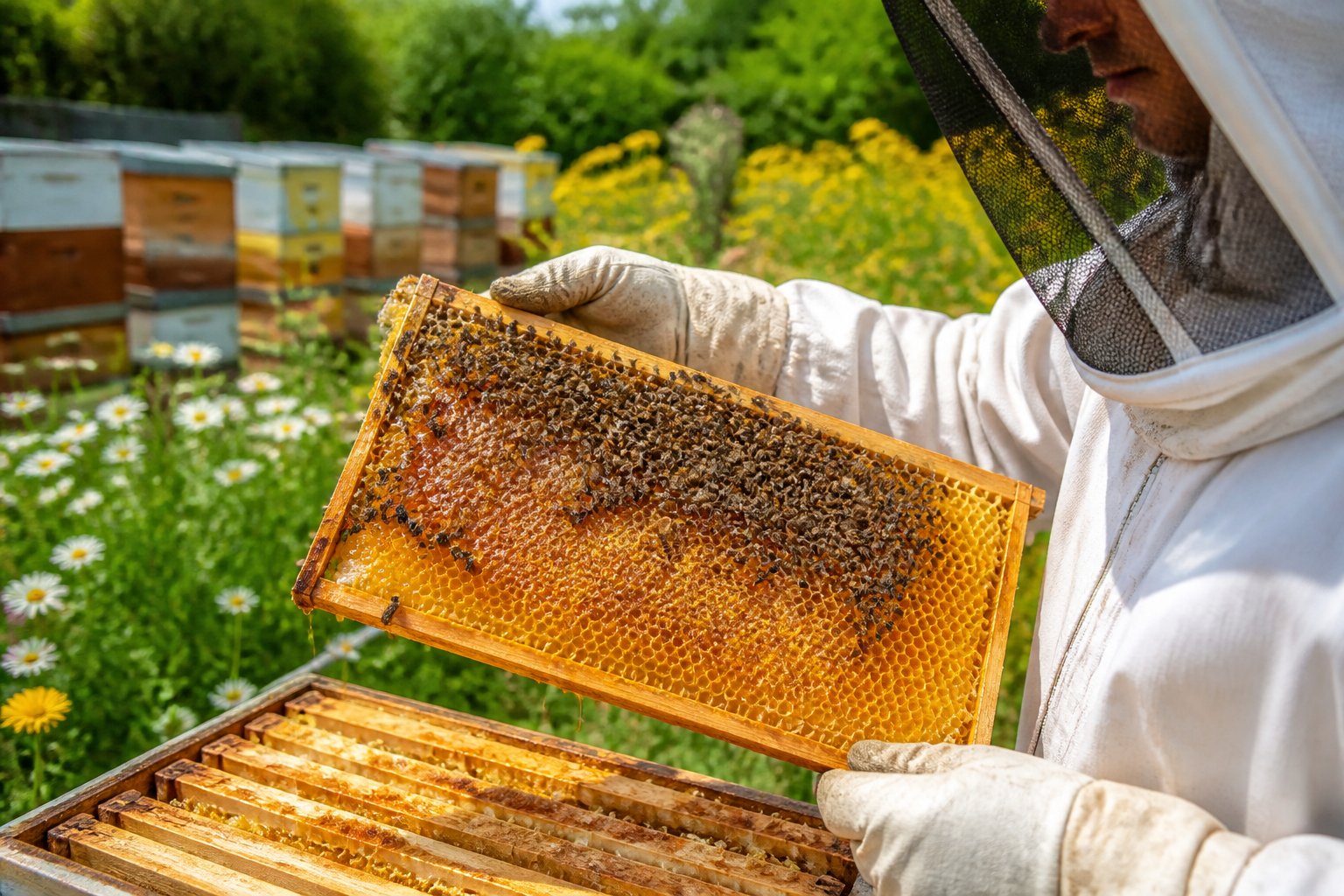 A beekeeper inspecting a honeycomb frame full of honey and bees outdoors in a flower-filled apiary.