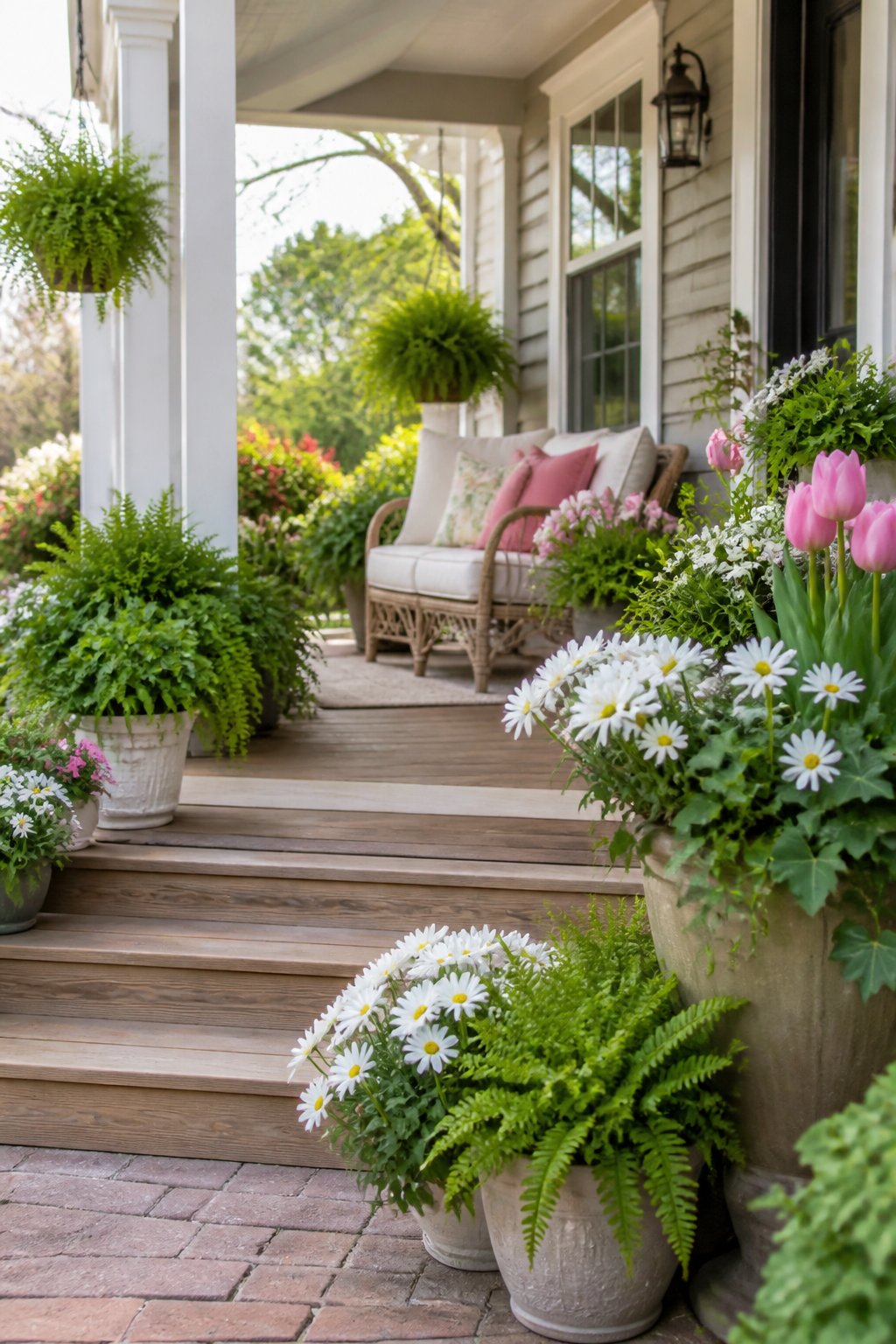 Front porch with green plants and flowers in pots, wooden steps, and a cozy seating area.