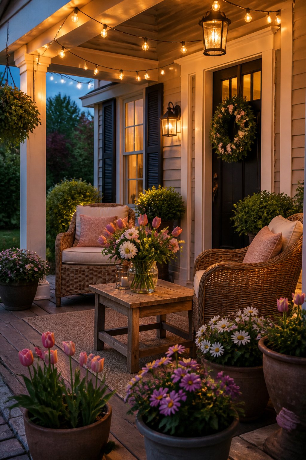 A front porch decorated with seating, potted flowers, and warm lighting in the early evening.