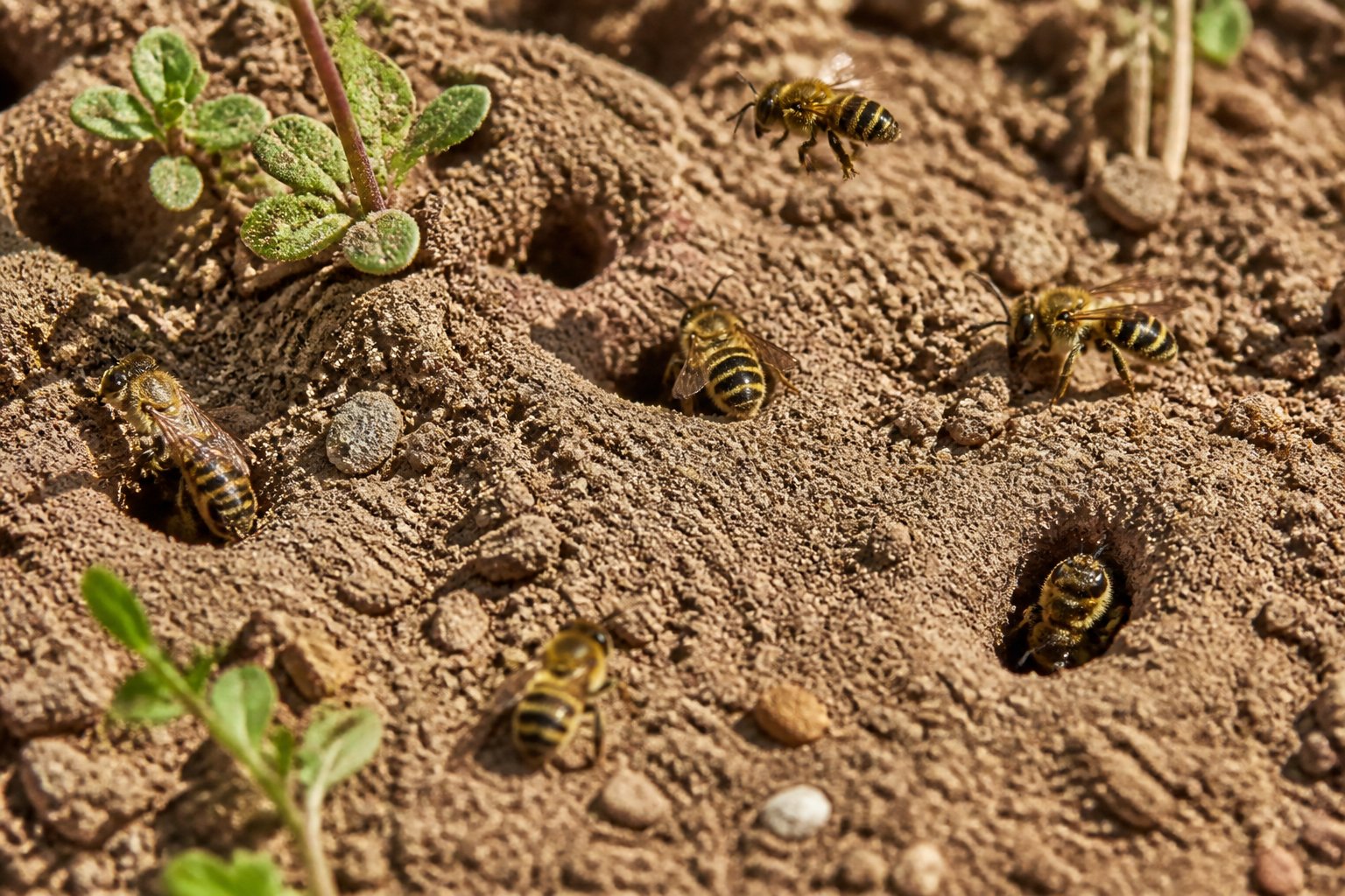 Close-up of solitary bees nesting in small holes in the soil surrounded by dirt and plants.