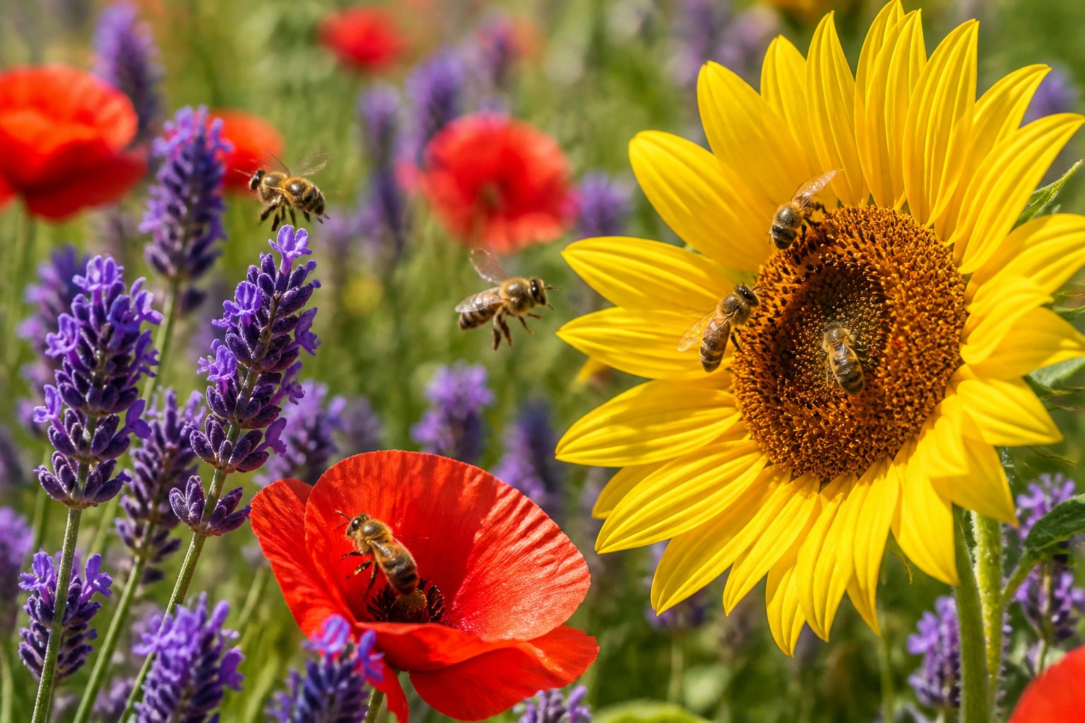 Close-up of honeybees collecting nectar from colorful flowers in a sunlit meadow.