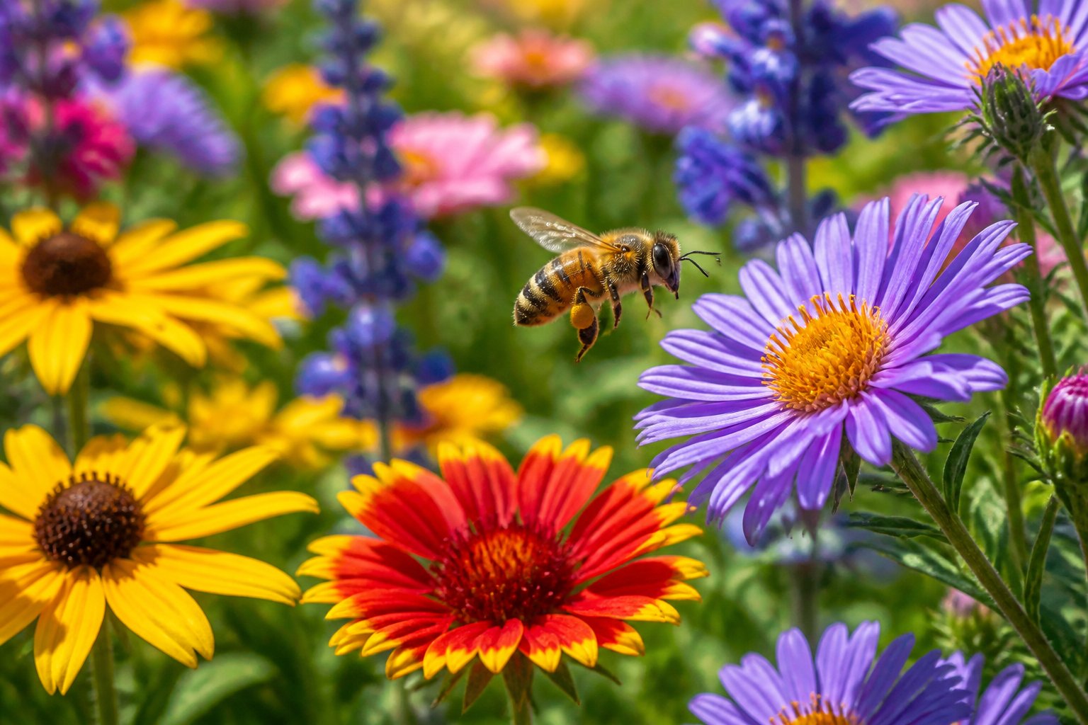 A honeybee flying toward colorful flowers in a blooming garden.