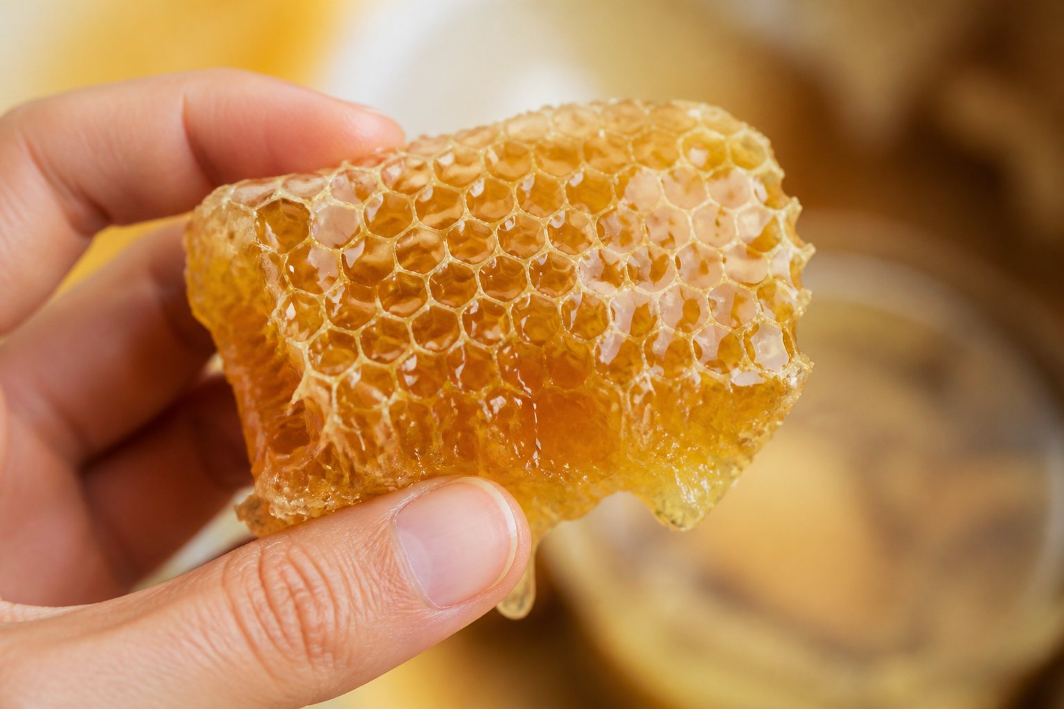 A hand holding a piece of honeycomb filled with honey.
