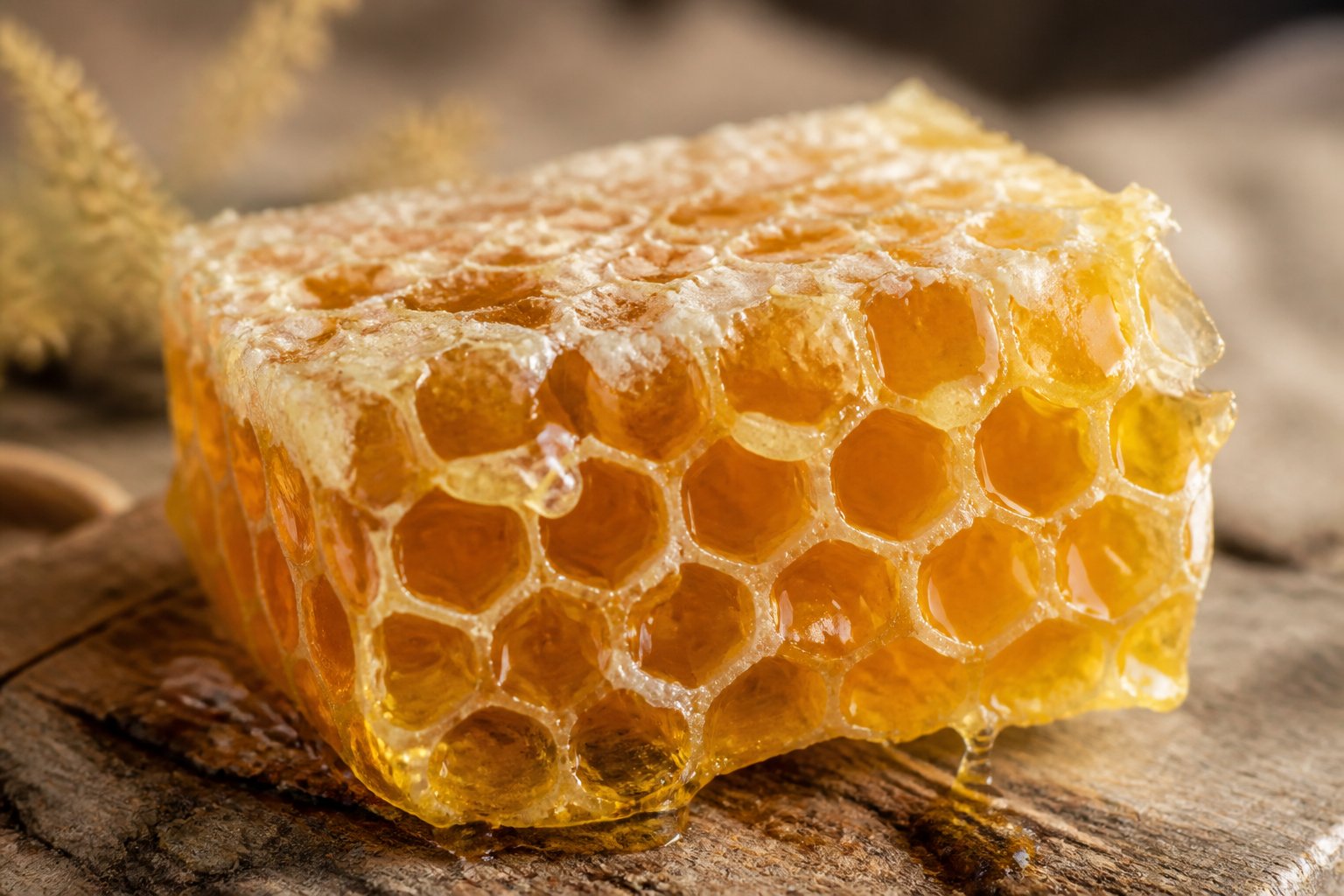 Close-up of a natural honeycomb filled with honey and beeswax on a wooden surface with soft natural lighting.